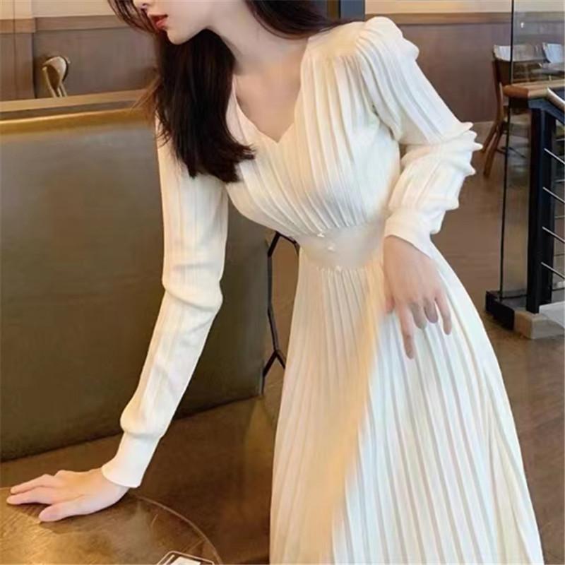 V-neck waist and thin women's dress with coat medium and long autumn and winter new bottoming knitted sweater skirt