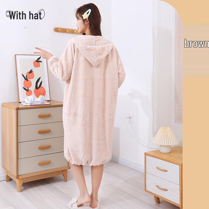 Women's Thickened Winter Hooded Bathrobe - Absorbent Coral Fleece Bath Towel with Long Sleeves and Bath Skirt
