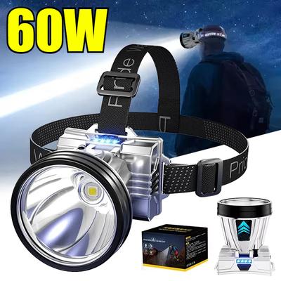 Lampe frontale LED puissante 60W Rechargeable Phares haute puissance Haute luminosité Charge d'urgence Lampe frontale d'extérieur Lampe de pêche
