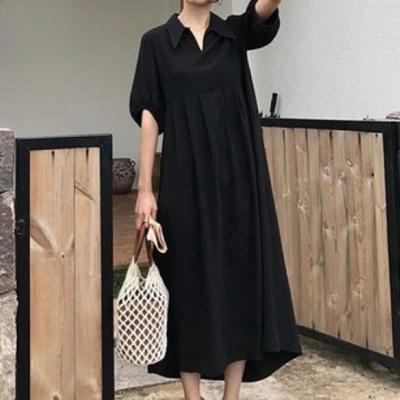 Women's Summer/ Spring Solid-color Printed Short-sleeved POLO Collar Loose-waistline Casual Dress