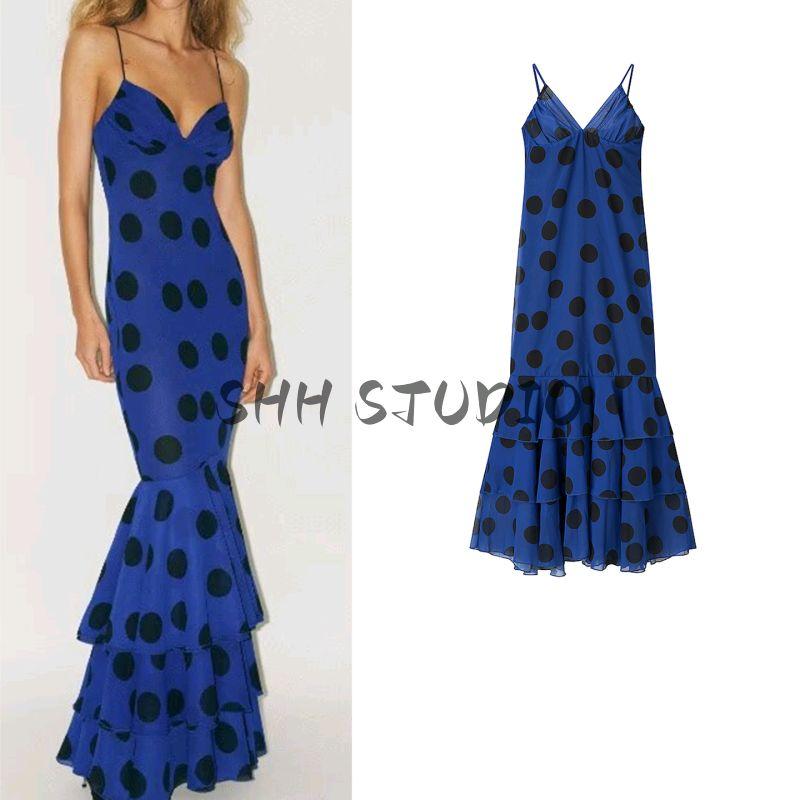 Summer New Product Women's Clothes French Sexy Wind Chiffon Polka Dots Ruffles Laminated Decoration Long Braces Dress