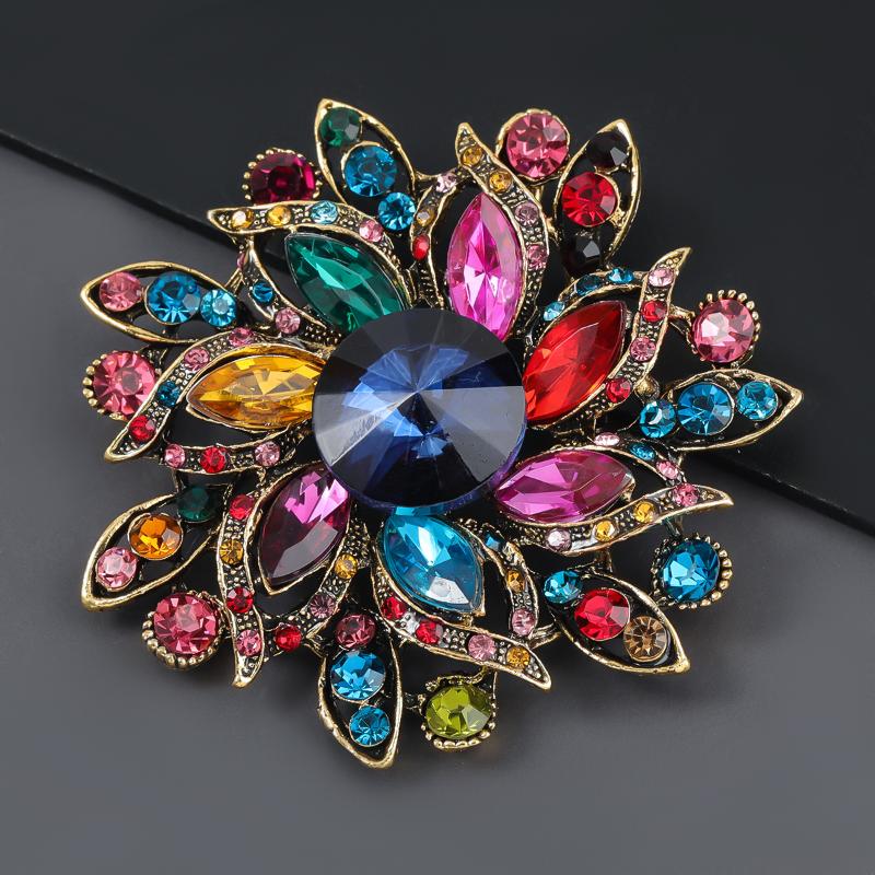 1Pcs Elegant Lapel Flower Pin Exaggerated Fashion Retro Vibrant Colorful Crystal Glass Brooch Pin Women'S Large Coat Accessories