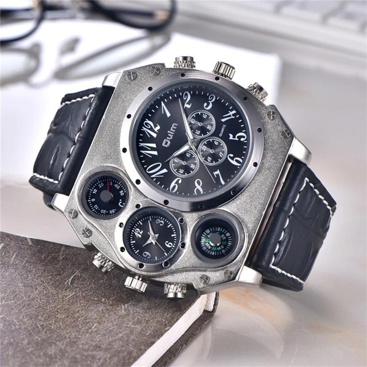 Oulm HP1349 Men's Sport Quartz Wristwatch Super Big Dial Decorative Compass Business Style Leather Band New Large Dial for Men