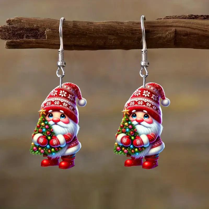 Santa Themed Christmas Claus Holding Tree Pattern Women Earrings Acrylic