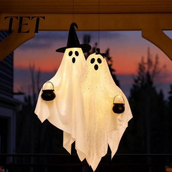 Seasonal Display for Haunted Houses Halloween Hanging Ghost Light, Decorative Couple Lamp with Witch Hats Decor, Indoor Party Ornaments Reusable Props