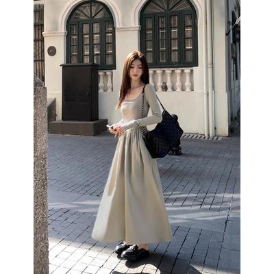 Primavera vestidos longos femininos outono básico elegante a linha gola quadrada vintage manga longa vestido estilo francês