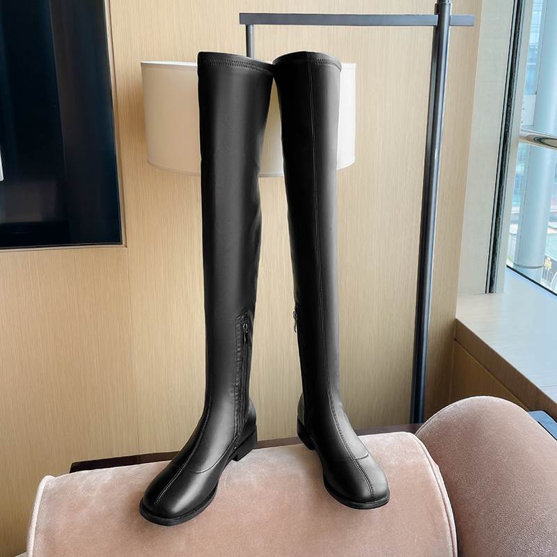 Krazing Pot Podzimní zimní boty z hovězí kůže Velikost 43 Silné nízké podpatky Stovepipe Strečové boty Dámské Teplé kozačky nad kolena