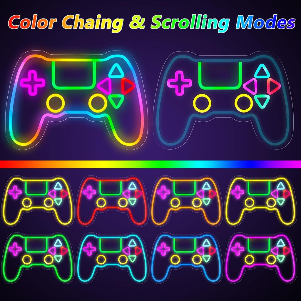Gamer Neon Sign, LED Game Controller Gamepad Gaming Neon Light Sign for Game Room Wall Decor, Scrolling Color Changing Flashing Modes, Video Game