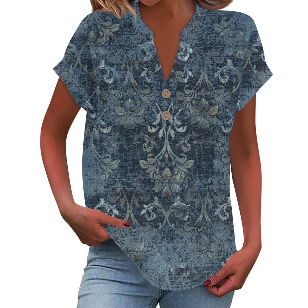 Women's Fashion Casual Printed V-Neck Short Sleeve Button Down Shirt T-Shirt Top
