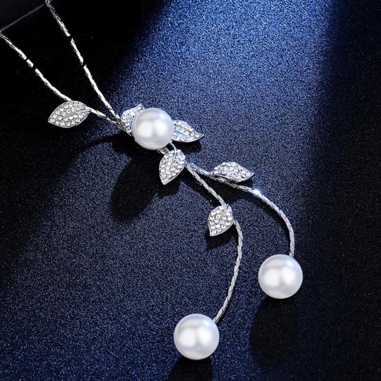 Necklace Faux Pearl Tassel Leaves Pendant Exquisite Beautiful Accessories Sweater Chain Jewelry Gift for Women