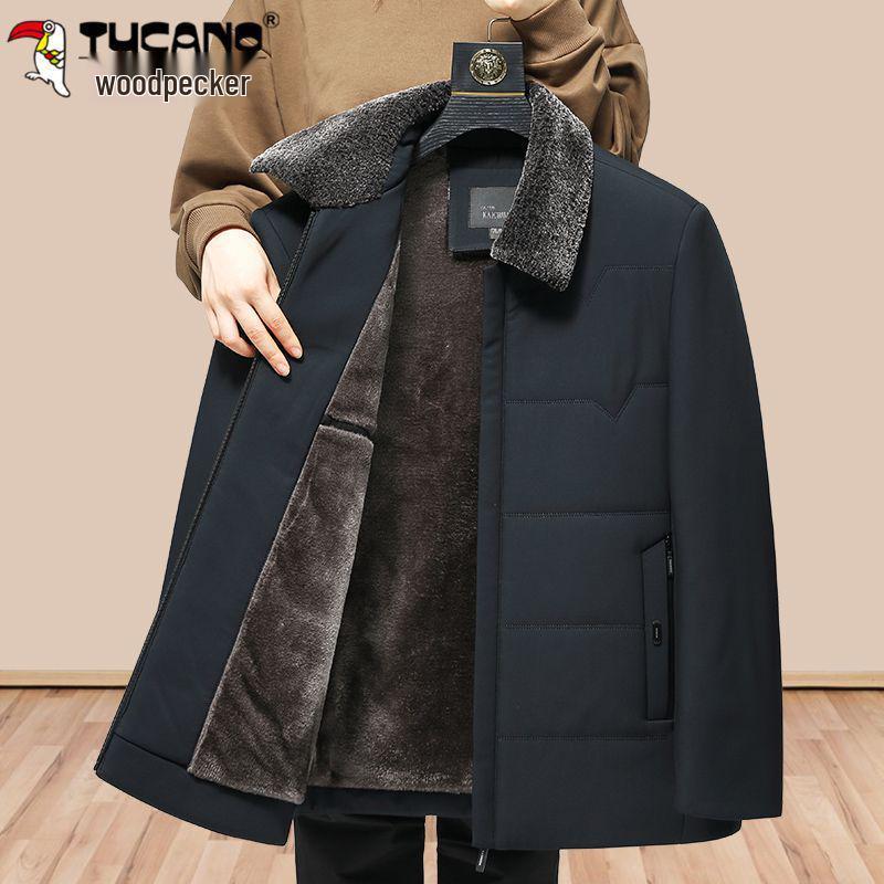

Woodpecker Men s Plus Velvet Thickened Winter Jacket - Warm Cotton Outerwear for Middle-Aged and Elderly 180 fits 105-120 lbs темно-синього кольору