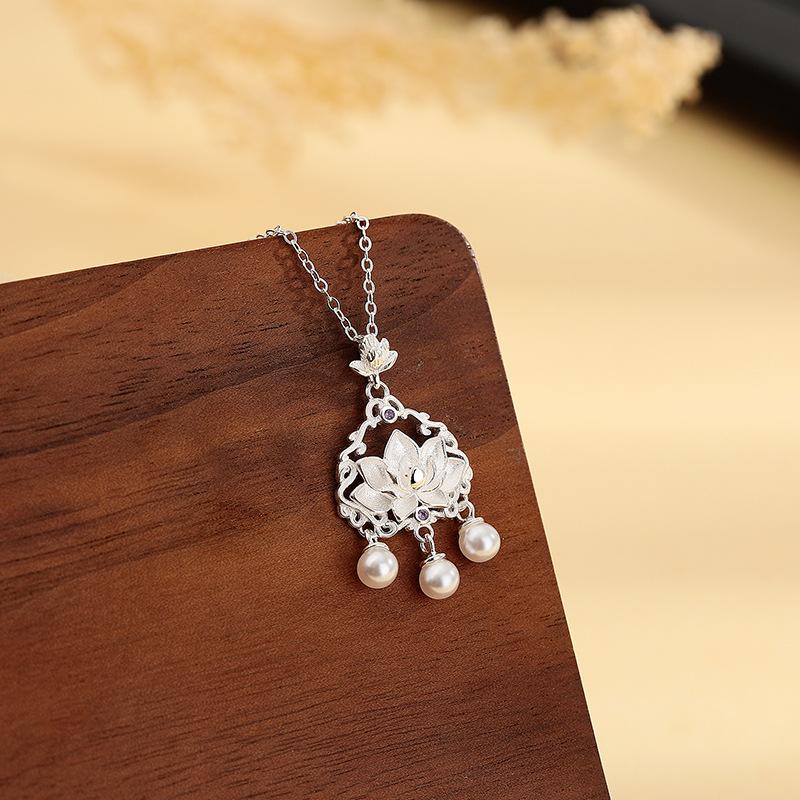 Pearl Lotus Peace Lock Necklace Girl China-Chic Girlfriend Gift Collar Chain