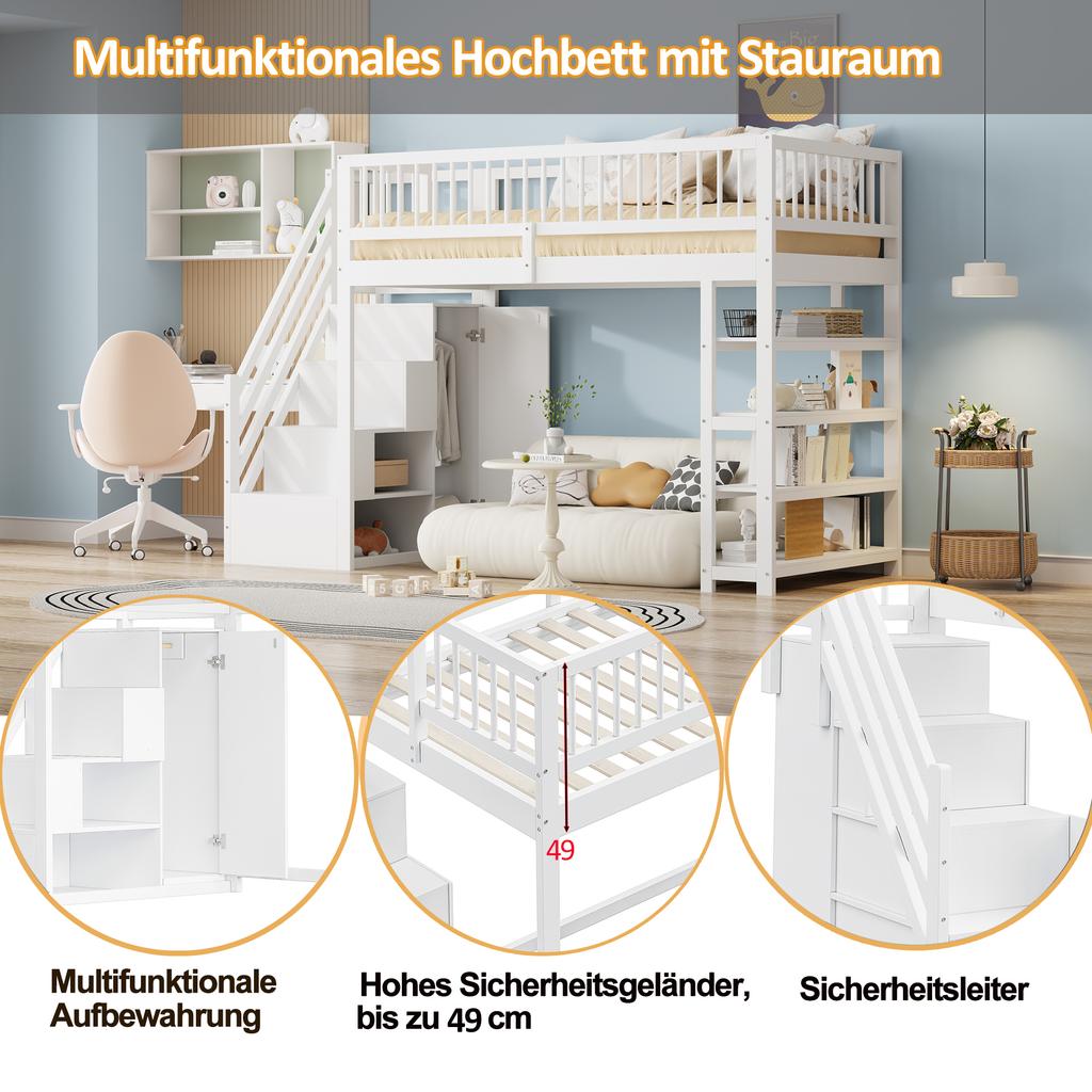 Loft Bed 90 x 200, High-Fence Safety Design with Wardrobe, Shelves and Storage with Safety Climbing Ladder, Multifunctional Bed, Solid Wood Bed, White