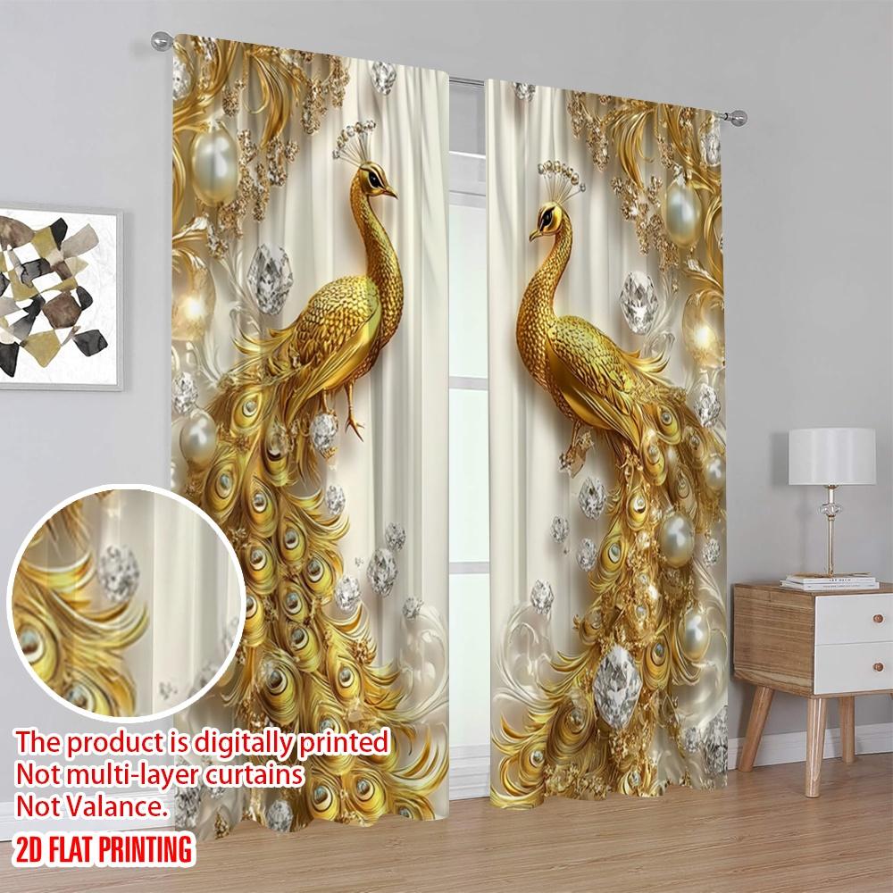 2Pcs 2D Flat Printing Beautiful Golden Peacock Printed Curtains Design Suitable For Bedroom Kitchen Dining Room Living Room