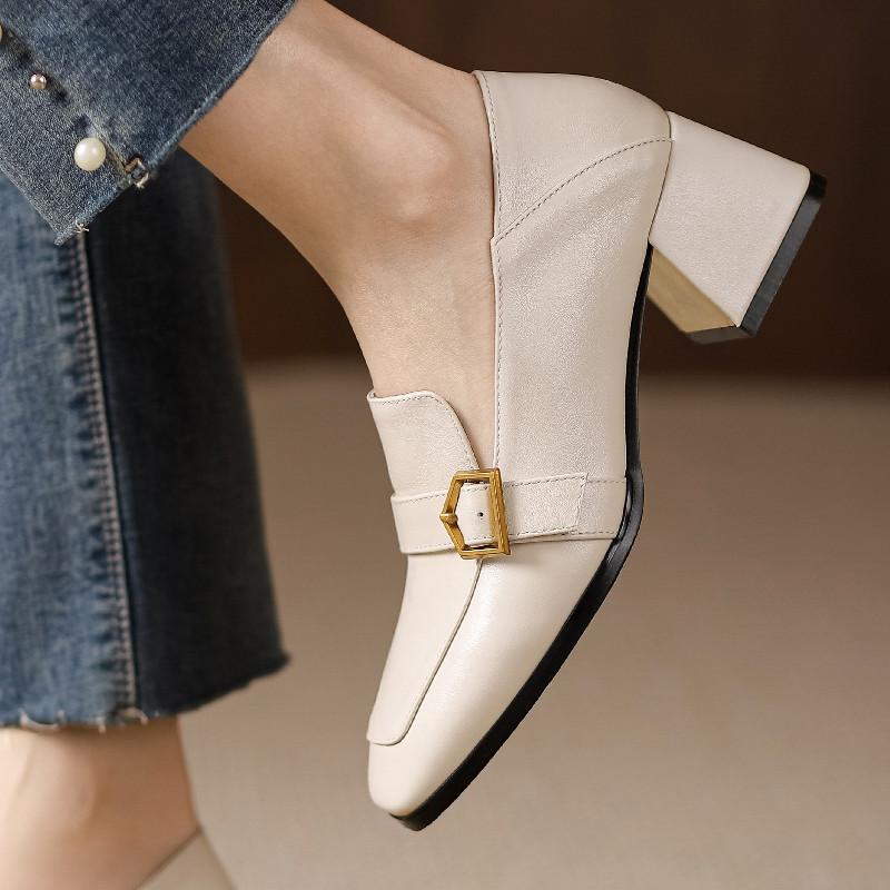 Genuine Leather Medium Heels Pumps Women Shoes Fashion Black Beige Heeled Loafers Large Size Spring Office Party Shoes Female