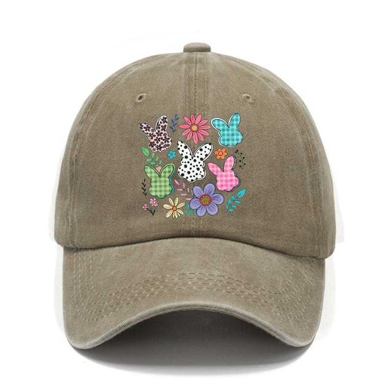 Cute Easter Bunny Floral Print Baseball Cap Spring Festival Adjustable Distressed Cotton Dad Hat Casual Unisex One Size