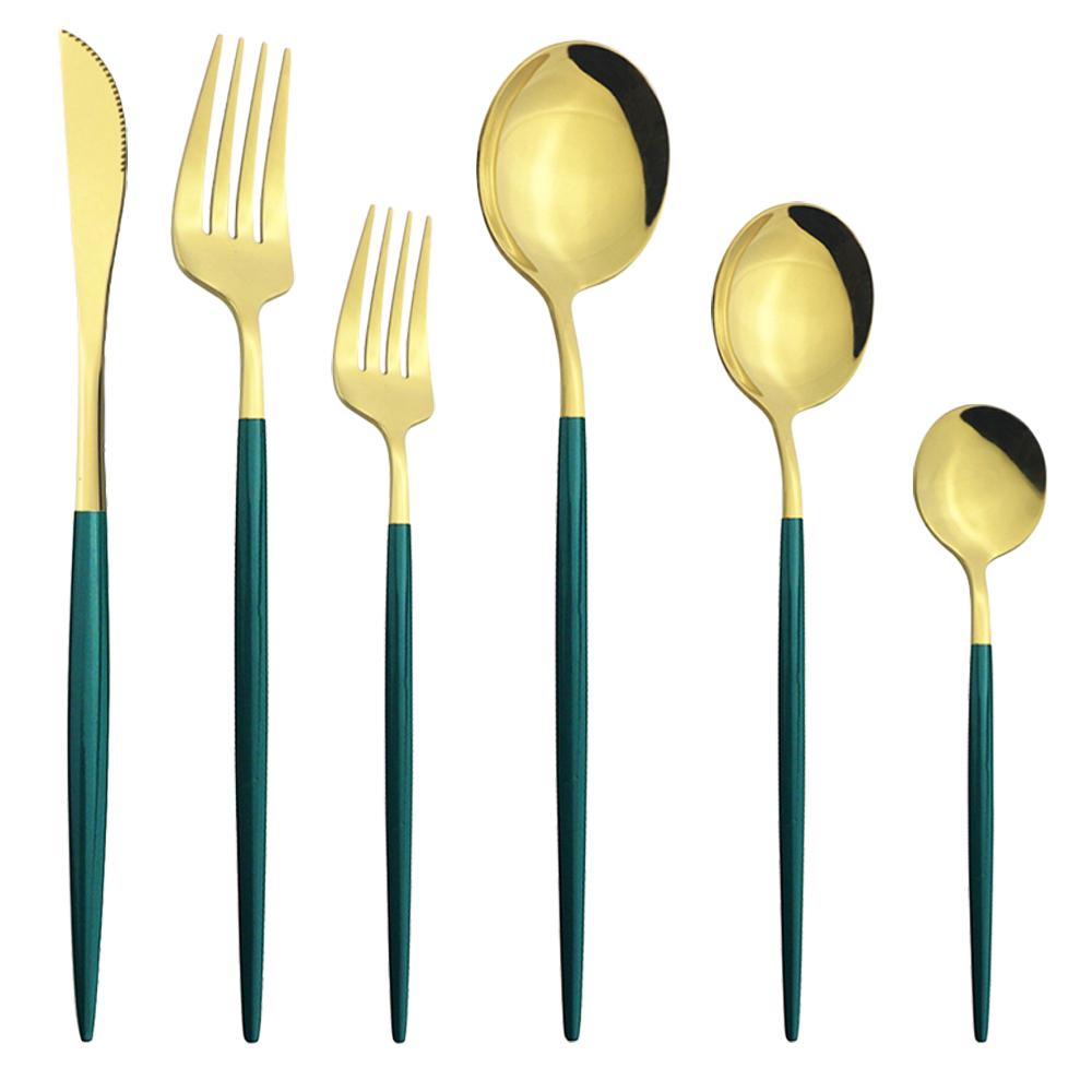 6Pcs/Set Gold Dinnerware Cutlery Set Mirror Stainless Steel Dinner Flatware Knife Dessert Fork Coffee Spoon Tableware Silverware Set