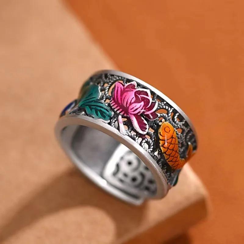 Vintage Ethnic Style Enamel Fired Blue Peony Flower Adjustable Ring for Women  Floral Luxury Party Vacation Jewelry Gifts