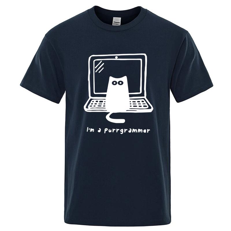 Mens Tshirt High Quality 100 Cotton Funny Cat Programmer Printed Summer Casual Loose Cool Cat Men T Shirt Oneck Male Top Tee