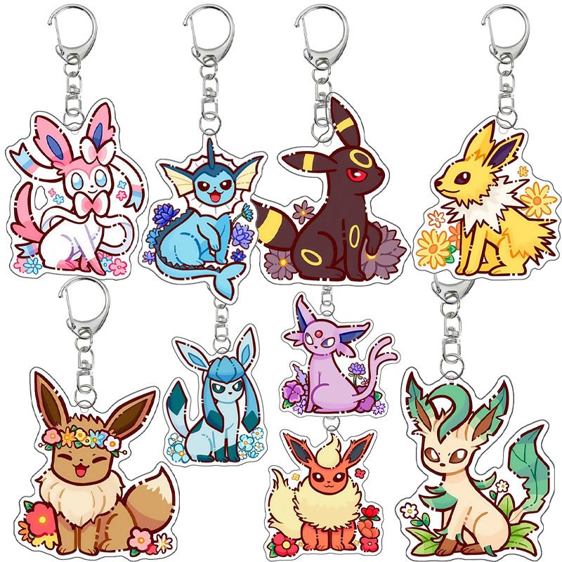 Anime Flower Eevee Espeon Umbreon Vaporeon Sylveon Jolteon Kawaii Cartoon Acrylic Keychain Women Bag Pendant Jewelry Accessories