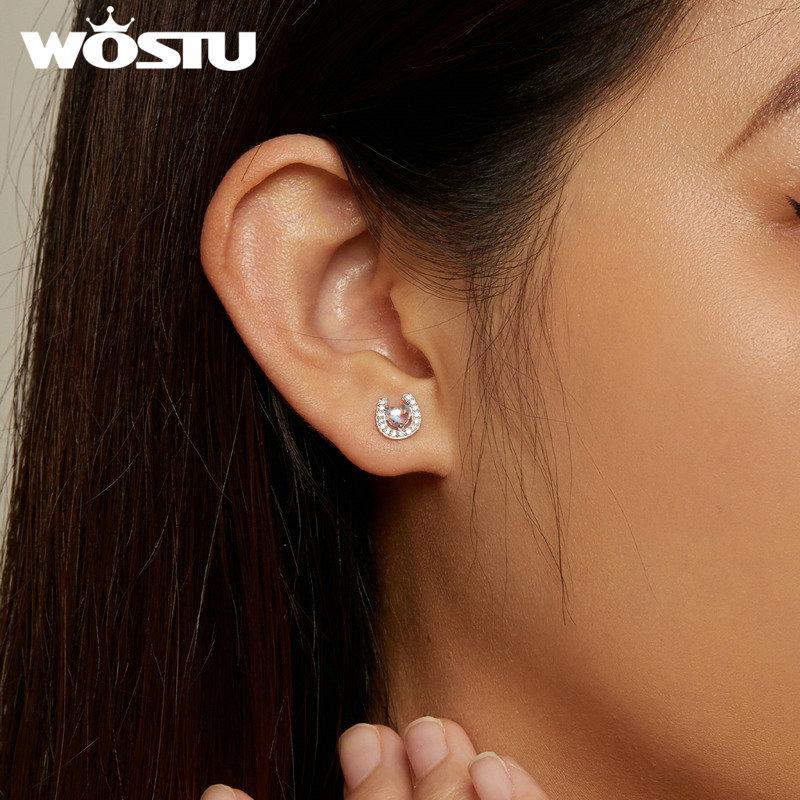 WOSTU Dop rotund pentru urechi și cercei din argint 925, în formă de piatră de lună, potcoavă, bijuterii pentru femei