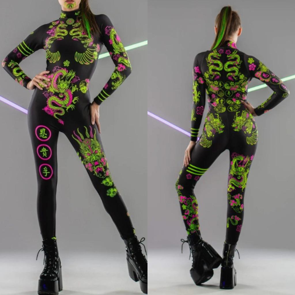 Adults Dancing Stage Party Performance Green Dragon Printing Outfit Women Halloween Cosplay Dress Up Costume Jumpsuit