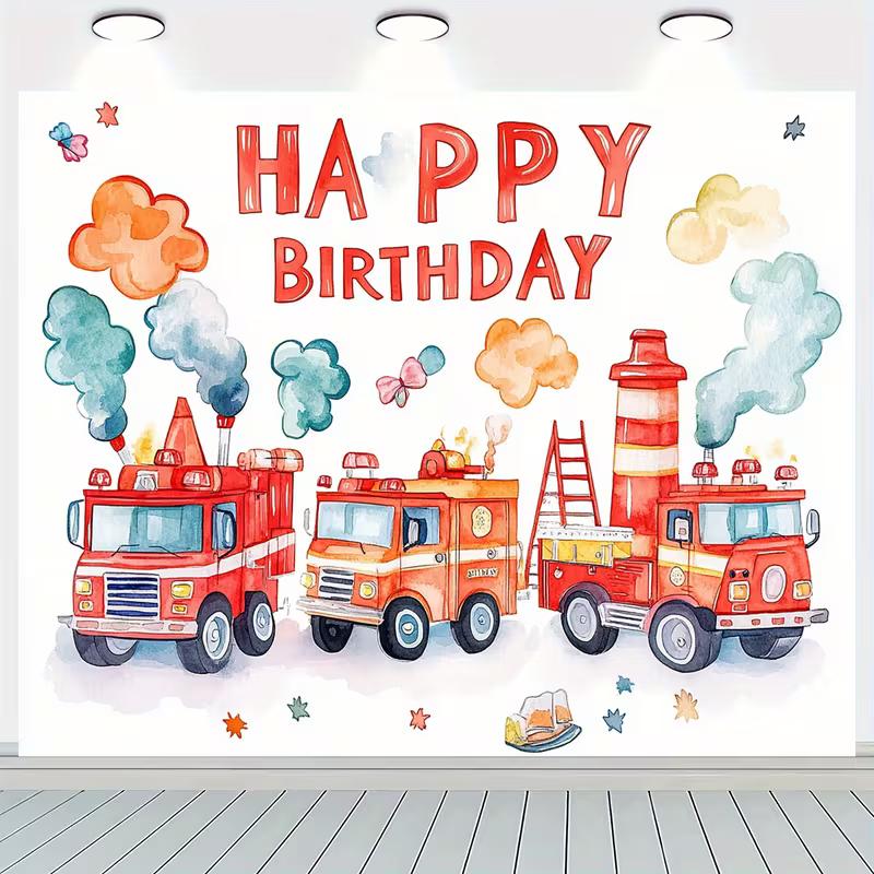 2D Red Fire Truck Birthday Backdrop Watercolor Style Party Decoration