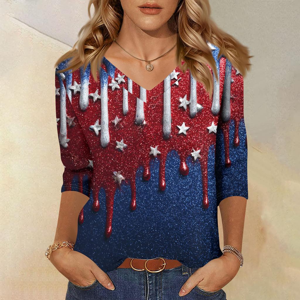 Women's Fashionable Casual Independence Day American Flag and Stars Print V-Neck Three-Quarter Sleeve T-Shirt Top
