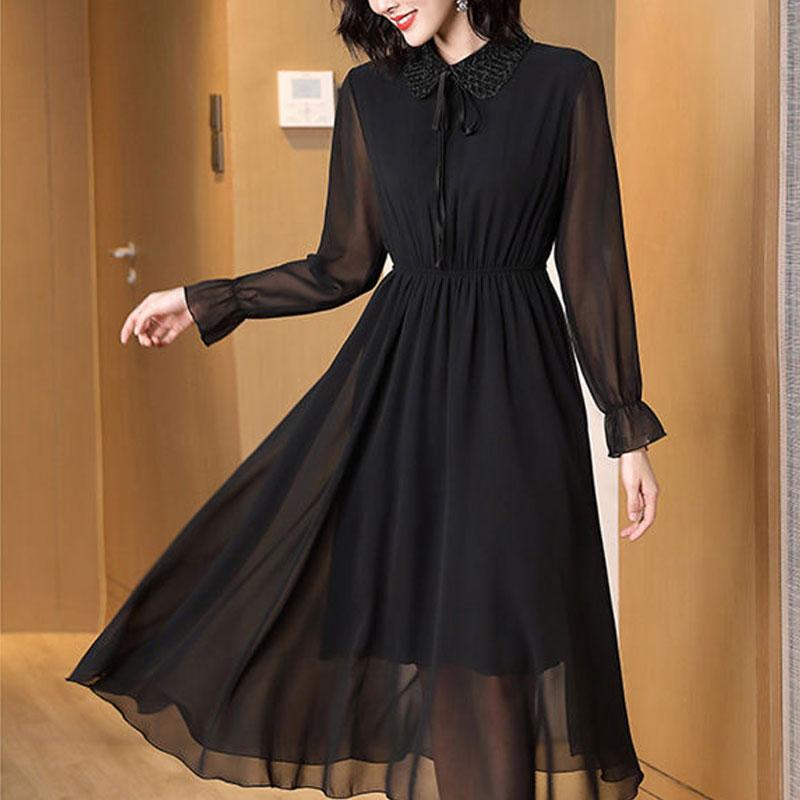 Spring Autumn Peter Pan Collar Beading Dresses Elegant A-Line Waist Women's Clothing Drawstring Commute Polka Dot Midi Dress New