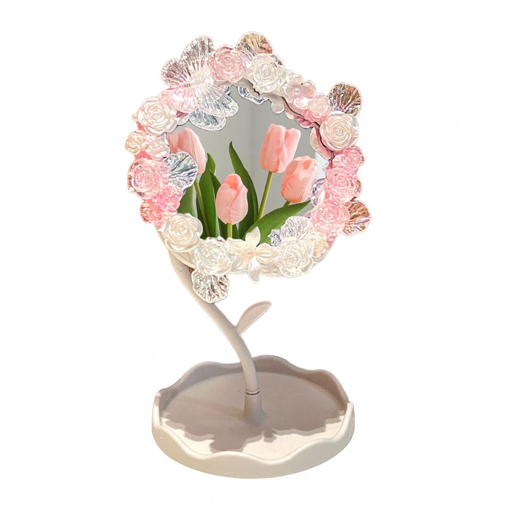 Table Mirror with Base Desk Mirror with Storage Tray Rotatable Vanity Mirror with Storage Tray Handmade Flower Design Organizer