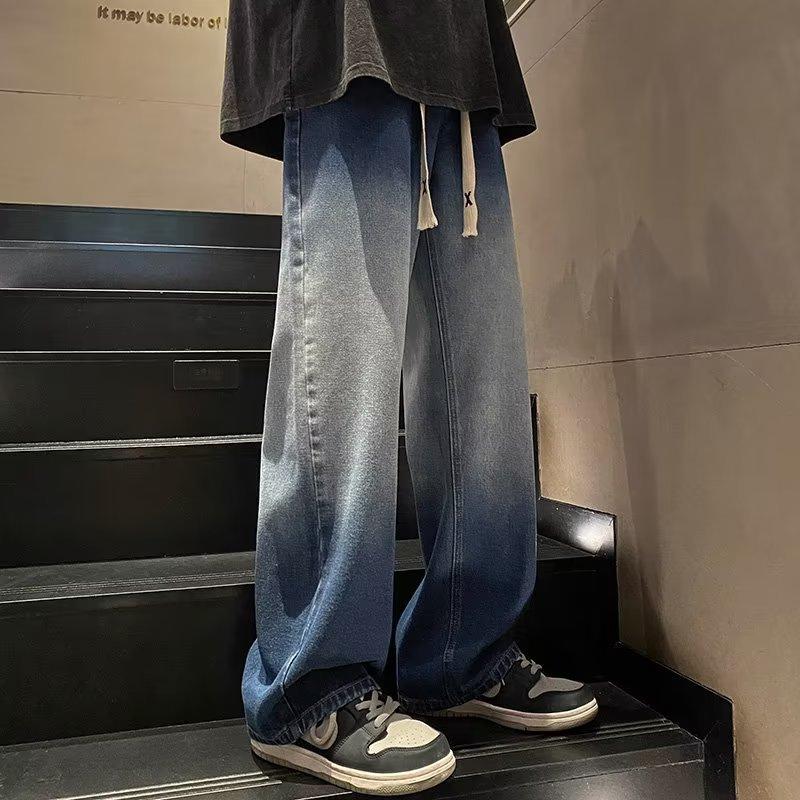 Thick Drawstring Jeans Spring and Autumn Tide Brand American Loose Straight Wide-leg Pants Retro High Street Casual Pants