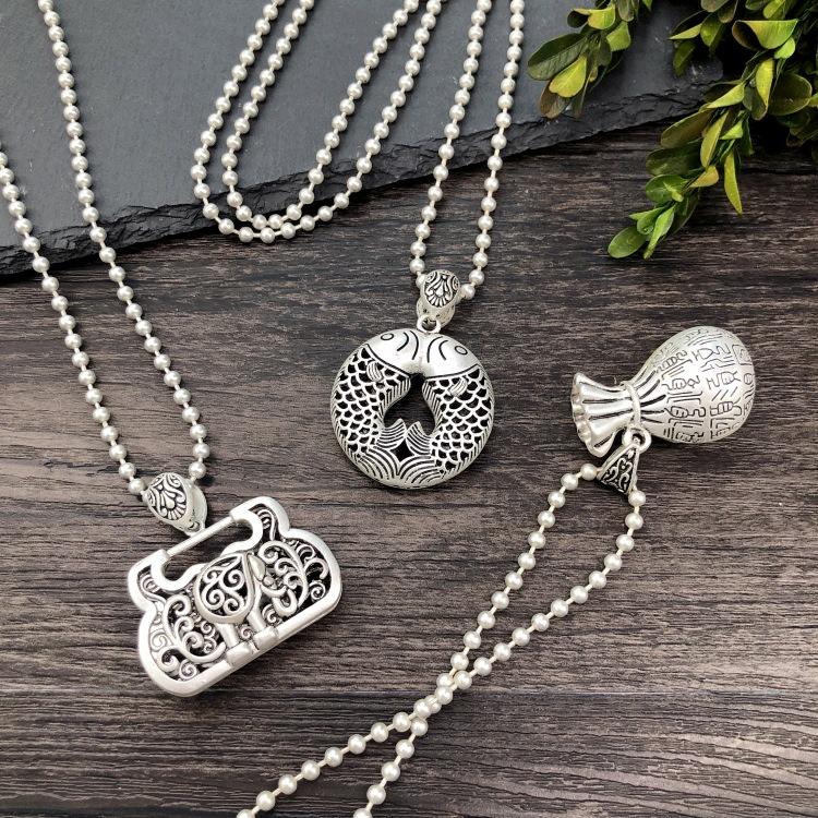 Vintage Thai silver long necklace flower pendant simple long sweater chain accessories women