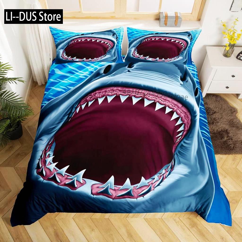 Shark Duvet Cover Set Deep Sea Animal Bedding Set Cartoon Ocean Sharks Colourful Hand Drawn Comforter Cover For Kids Boys Girls