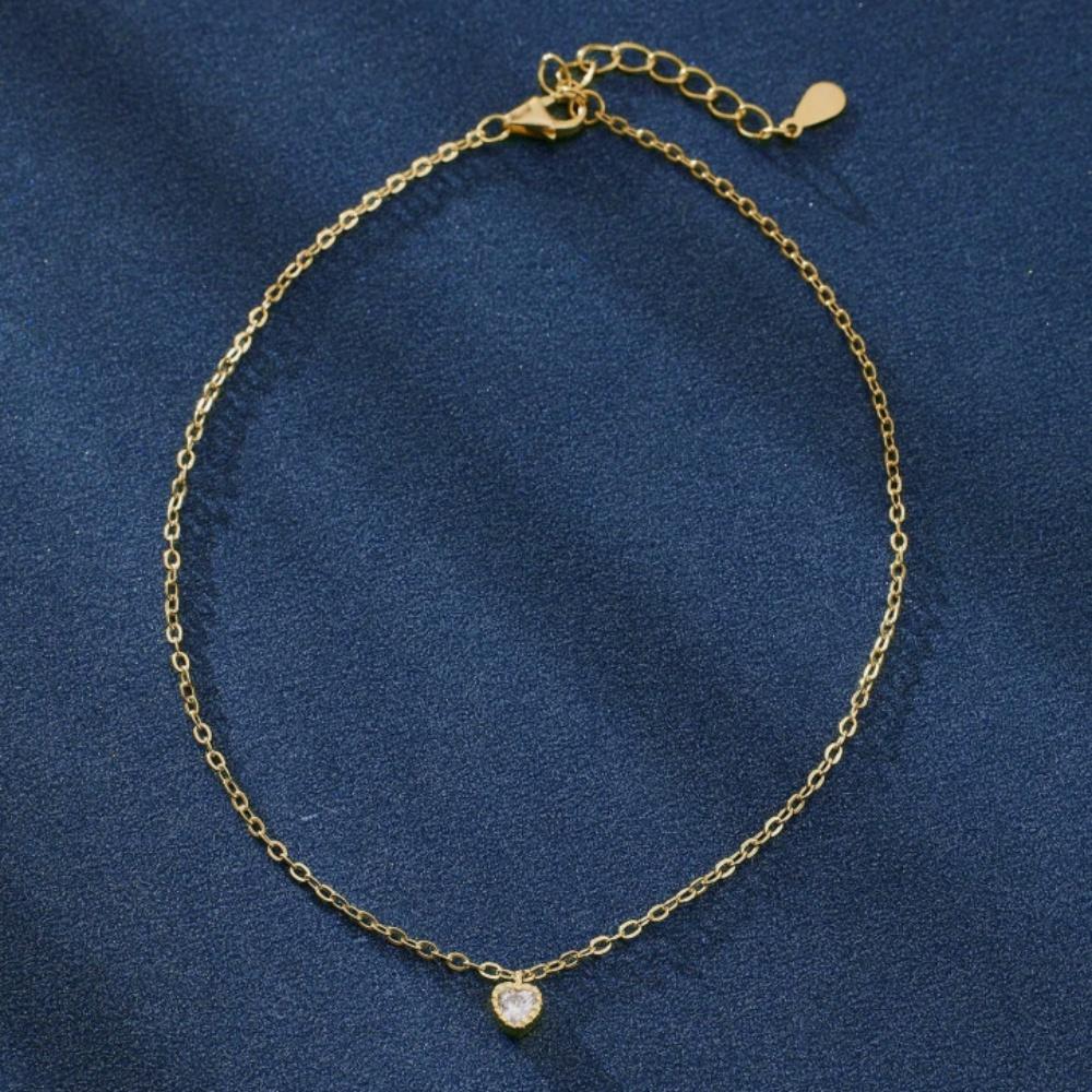 14K Gold Plated Heart Zircon Anklet for Women Dainty Minimalist Thin Chain Ankle Adjustable Anklet Summer Beach Jewelry Gift