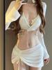 4Pcs Swimsuit Women Fashion Solid Padded Bikinis Sets Bathing Suit Sexy Beach Party Cover Up Long Sleeve Crop Tops and Wrap Skirt