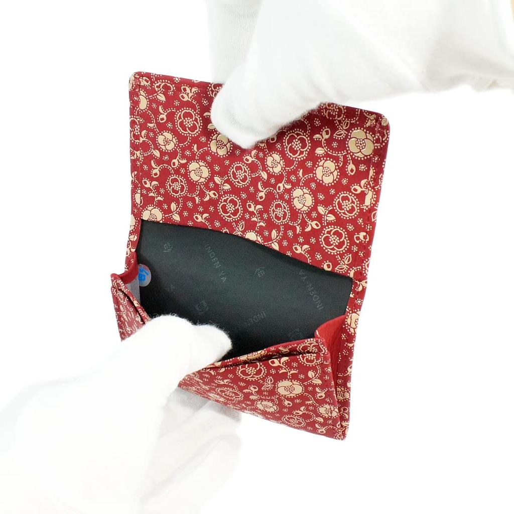 [Inden-ya] Porta-cartões Inden, Grande Capacidade, Couro de Veado, Vermelho com Laca Branca, Padrão de Camélia, 2501-13-178