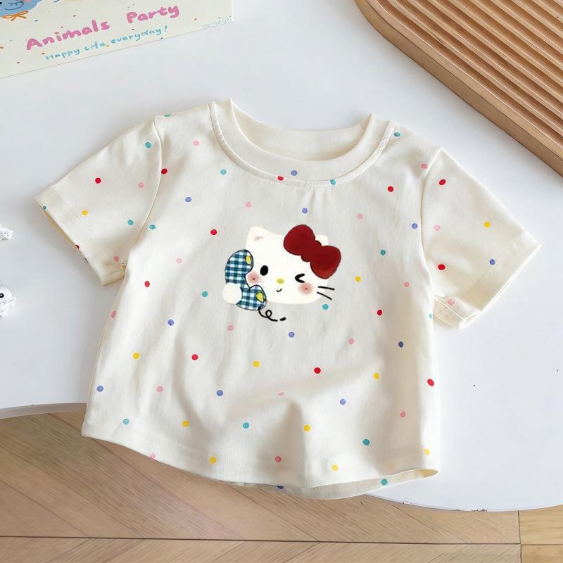 Girls Summer Short Sleeve T Shirt Cute Cartoon Polka Dot Print Breathable Casual Trendy Top