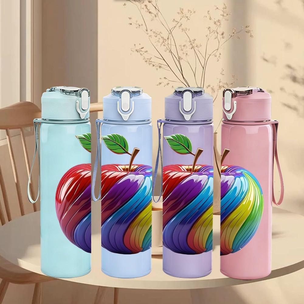 1PC Rainbow Marble Apple Fruit Print 750ml Color Plastic Sports Water Bottle Leakproof Flip Straw Lid Suitable for Sports Office Home Use