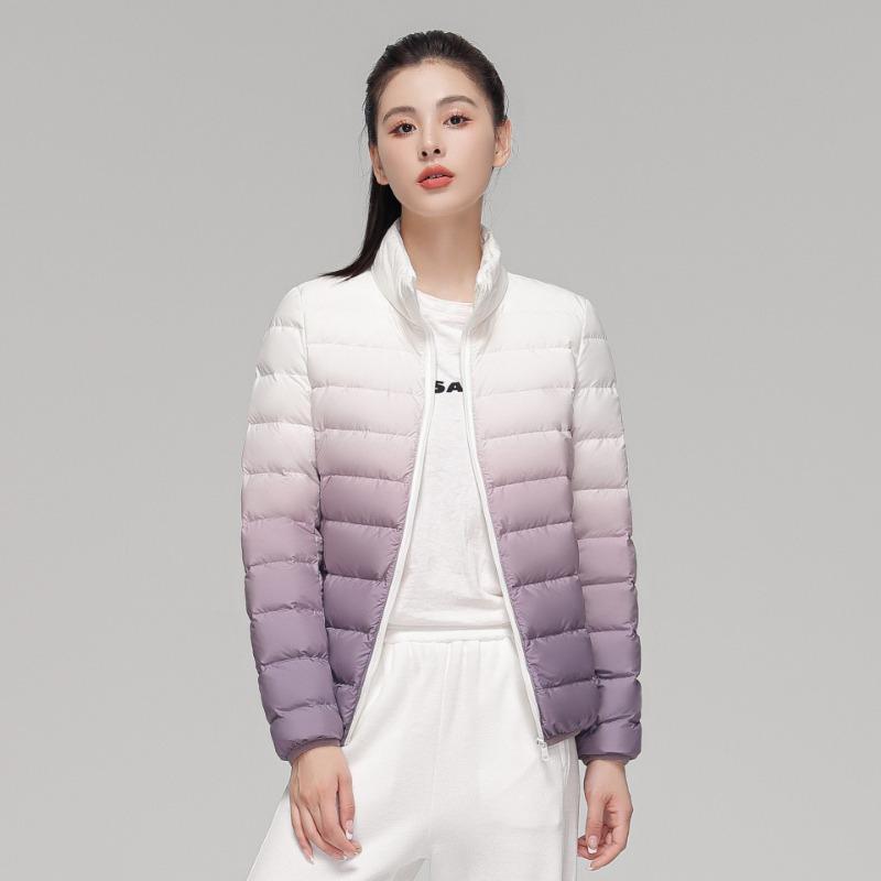 Autumn and winter new down light down jacket women's stand-up collar hooded gradual change color large size white duck down