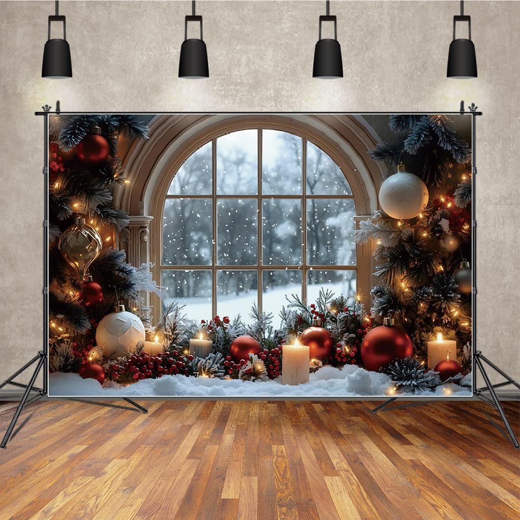 MOON.QG Christmas Home Decoration Photography Backdrop Portrait Baubles Candle Arch Window Background Decoration Photo Studio