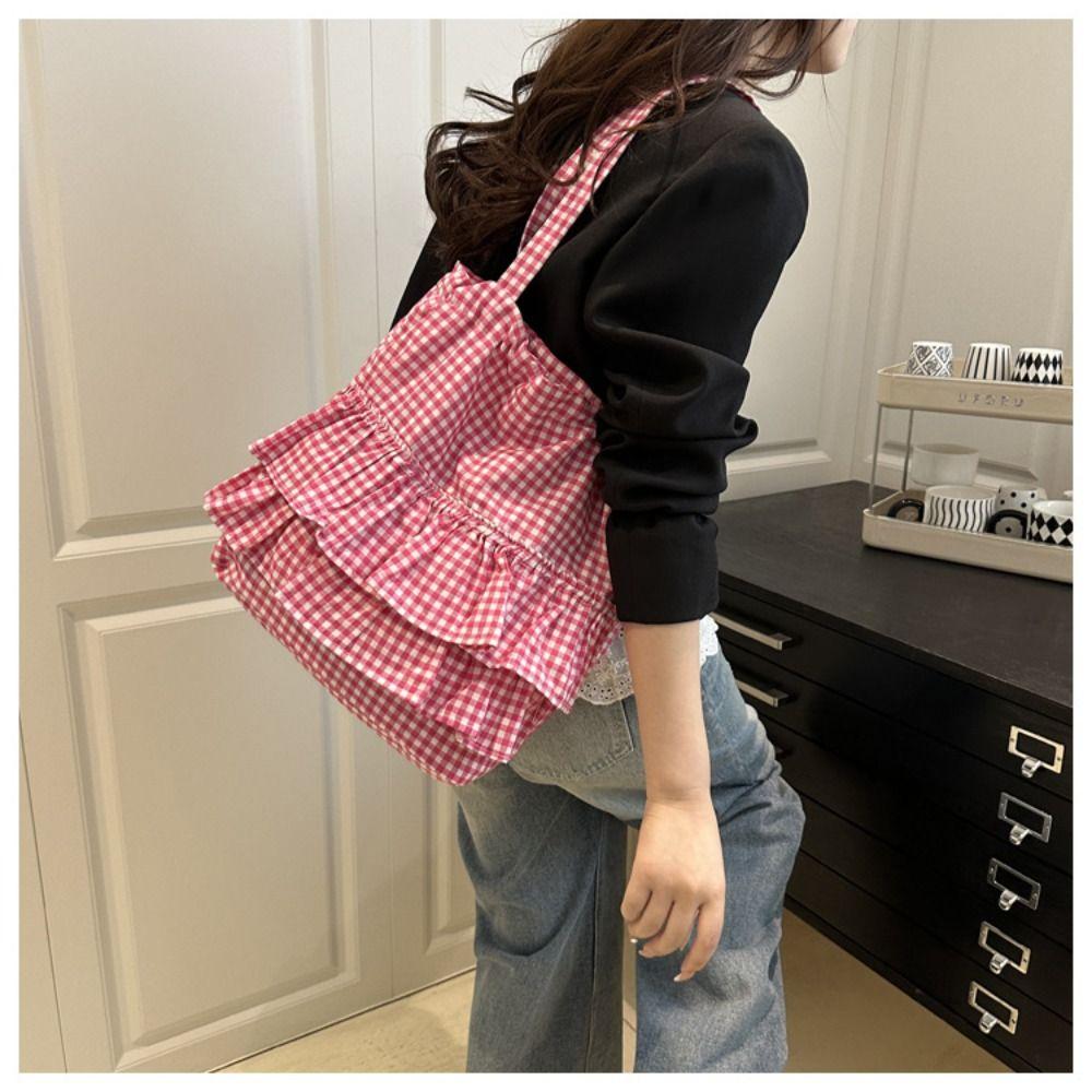 Korean Style Lotus Leaf Shoulder Bag Fashion Plaid Tote Bag Vintage Drawstring Bag  Storage Bag