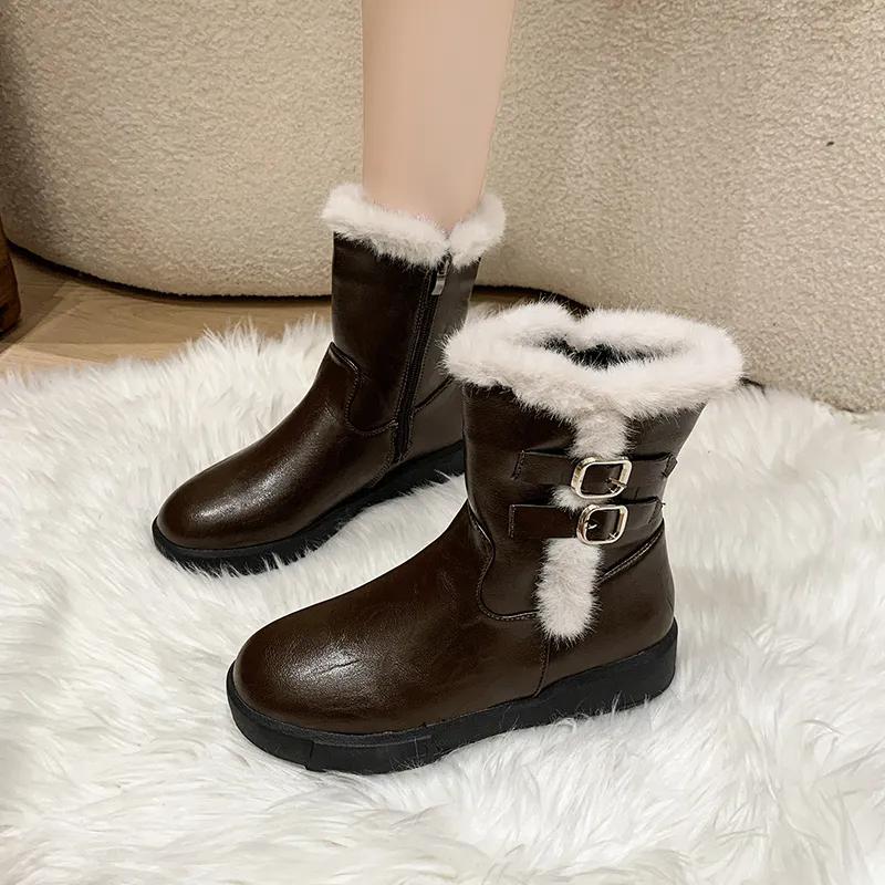 WTEMPO Casual Solid Color Large Size Warm Cold-proof Plush Zipper PU Boots Faux Leather Ankle Boots for Women In Autumn Winter