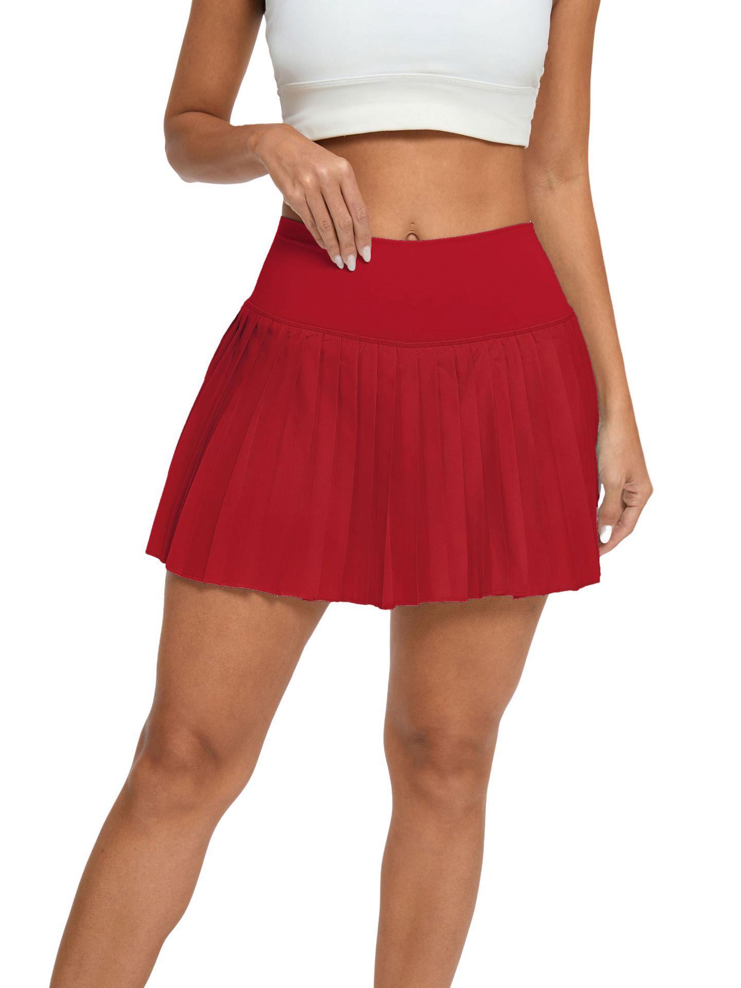 

High-Waisted Pleated Sports Mini Skirt with Pockets - Women s Anti-Exposure Tennis Skirt Small червоний