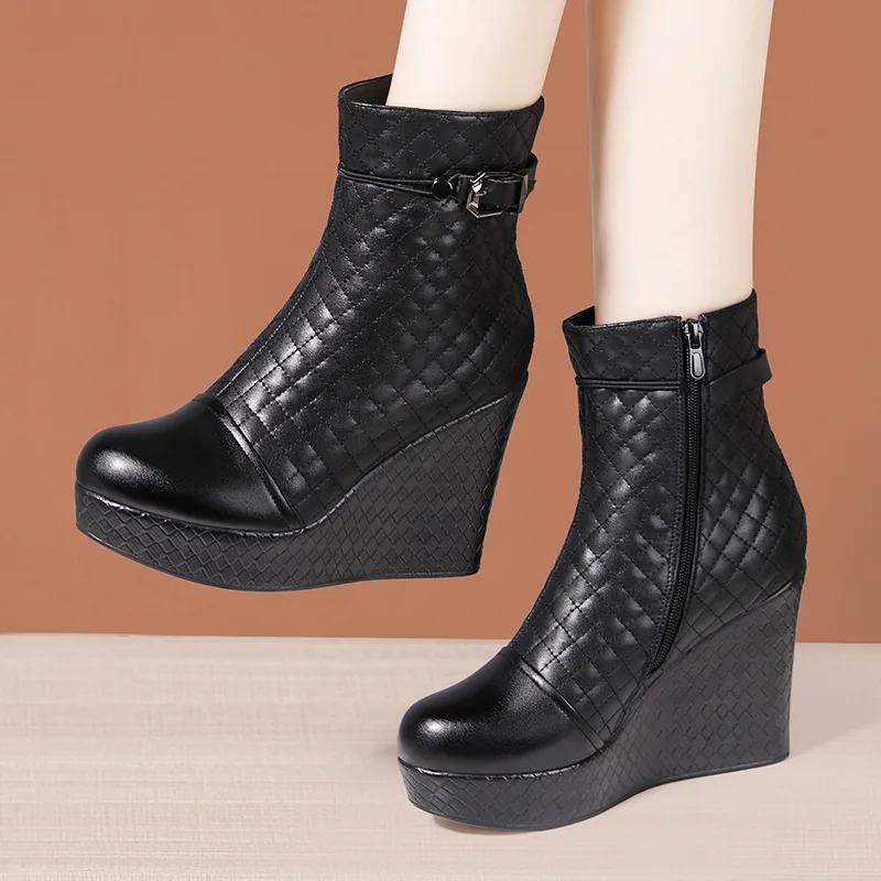 10cm Small Size 33-43 Genuine Leather Boots Women's Platform Wedges Shoes 2025 Winter High Heels Warm Fur Ankle Boots Office Mom