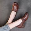 Johnature Genuine Leather Solid Color Thick Heeled Pumps Retro Versatile Round Toe Women's Shoes