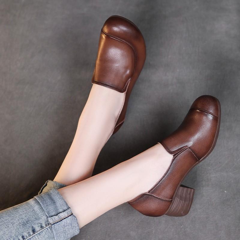 Johnature Genuine Leather Solid Color Thick Heeled Pumps Retro Versatile Round Toe Women's Shoes