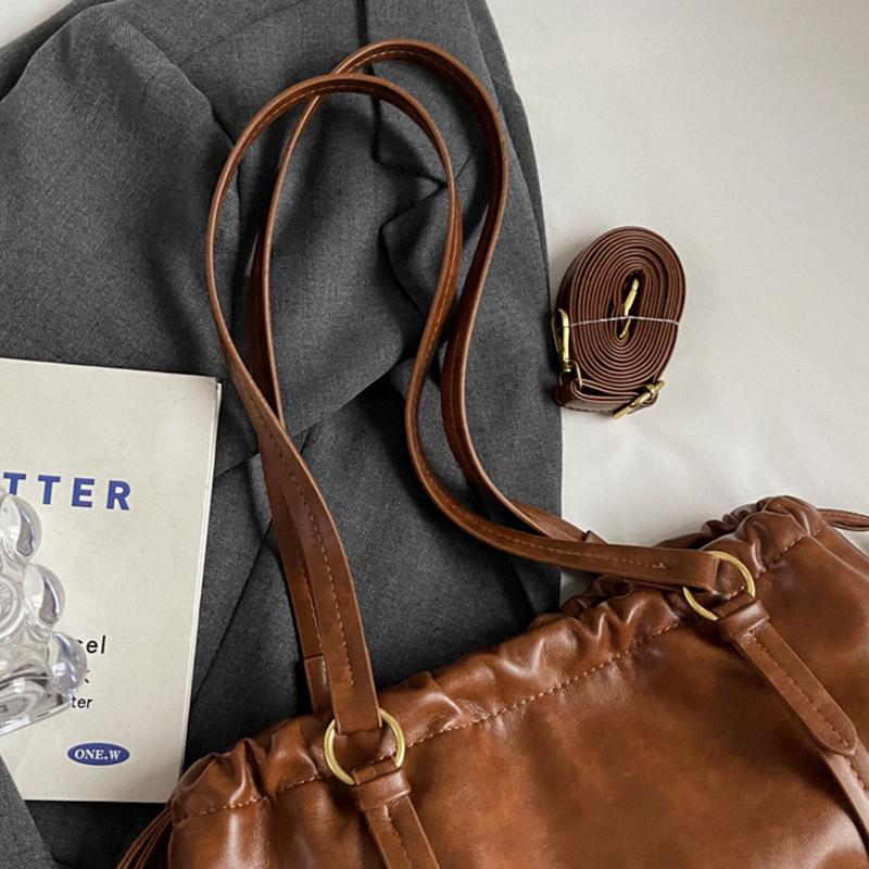 PU Leather Pleated Vintage Tote Bags Buckle Closure Boston Shoulder Bags Large Capacity Women Handbag Luxury Armpit Bag CLE