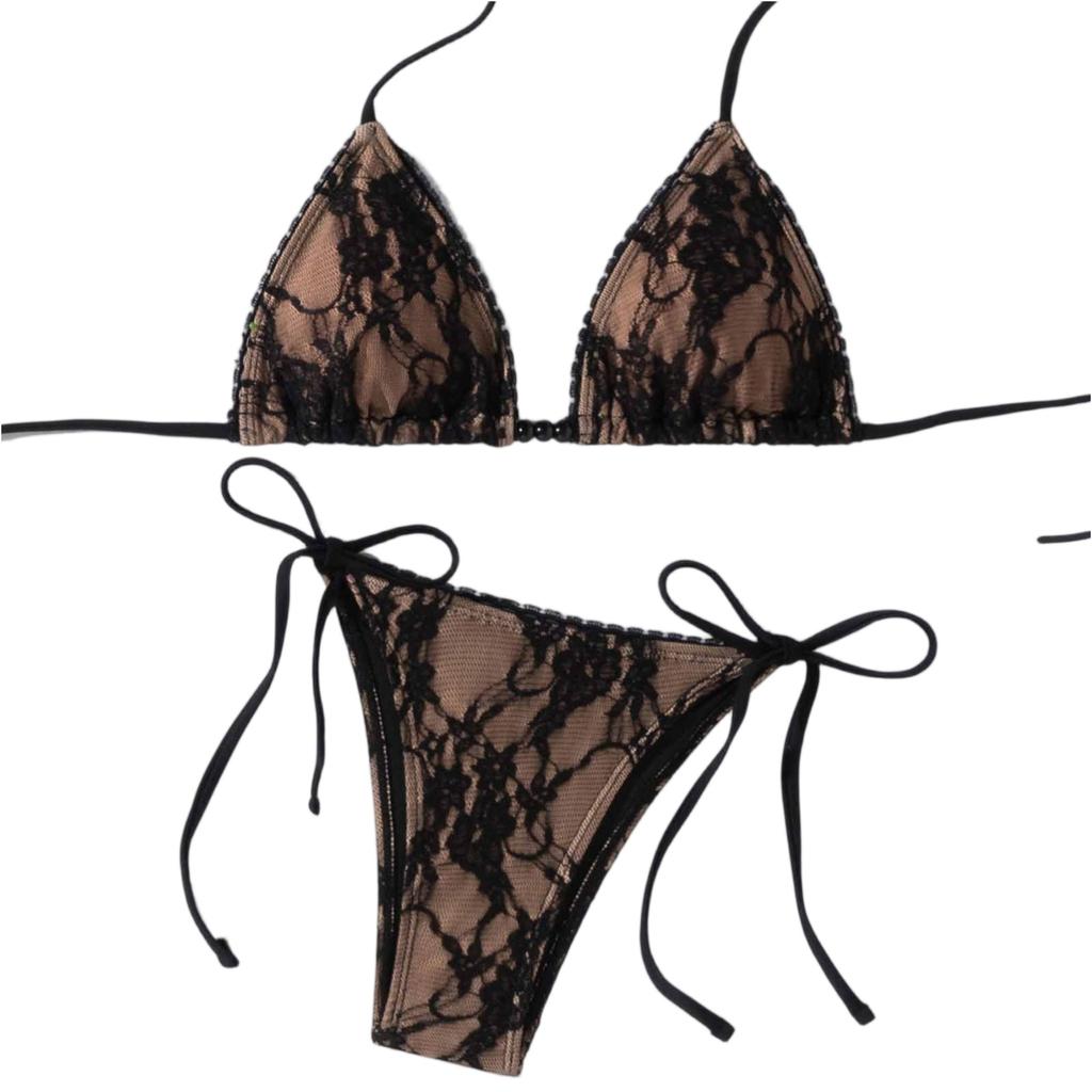 Sexy Lace Two-Piece Bikini Swimsuit for Women, Beaded Strapless Backless Summer Beachwear, Hot Swimwear, Trendy Summer Bikini