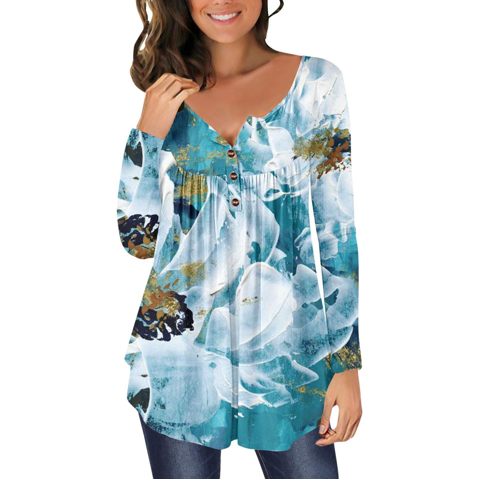 

(SU)Женская повседневная футболка с длинным рукавом и открытым воротником на пуговицах с принтом, блузка, топ L коричневый