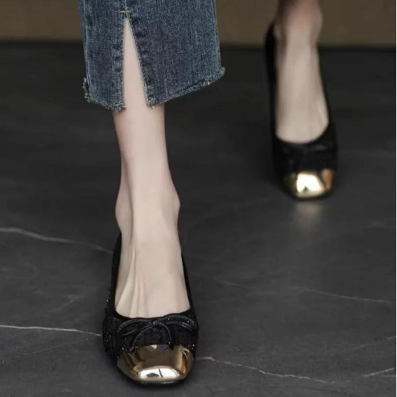 Ballerines plates à enfiler style français pour femmes élégantes chaussures tissées pour dames printemps automne talon bas 2cm patchwork chaussures plates quotidiennes